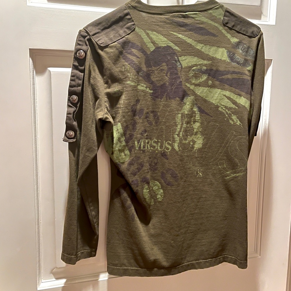 RARE Y2K Versace Rave Glow-in-the-Dark Painted Army Green Long Sleeve Shirt - S